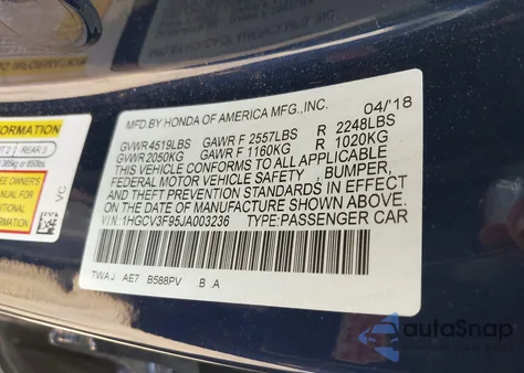2018 Honda Accord Hybrid Touring from USA, damaged, VIN 1HGCV3F95JA003236